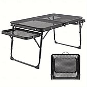 お買い得  キャンプ用品-高さ調節可能な折りたたみ式キャンプテーブル。2つのウィングパネルとメッシュトップを備え、屋外でのグリル、ピクニック、バーベキュー、ビーチ、キャンプに最適です。頑丈な金属製で拡張可能です。