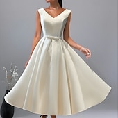 abordables Robes-ancien Années 1950 Midi Robe de cocktail Robe trapèze Petite Robe Blanche Mariée Couleur Unie Ligne A Col en V Femmes Carnaval Mascarade Mariage Douche nuptiale Enterrement de Vie de Jeune Fille