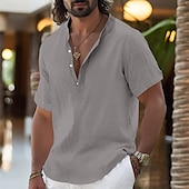 abordables Vacaciones-Hombre Camisa Camisa de lino Camisa con cuello mao Camisa de manga corta Camisa de verano Ropa de playa Plano Vacaciones Casual Negro Blanco Amarillo Rosa Manga Corta Henley Verano Ropa