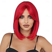 abordables Perruques de fête-Perruque courte et lisse rouge avec frange rideau, perruque synthétique résistante à la chaleur de 14 pouces pour femmes, perruque de fête de cosplay d&#039;Halloween pour un usage quotidien
