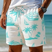 billige 3d svetteshorts for menn-Herre Kokosnøttre Seilbåter Tropiske planter Vaffelshorts Svette shorts Casual shorts Medium Midje Hawaiisk Feriereise Jogging Trening Elastisk snøring i midjen Shorts med lommer Designer Klær