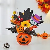 cheap Halloween Wreaths &amp; Floral Decorations-Halloween Fall Desktop Ornament with Faux Pumpkin Decoration, Maple Leaves, Pinecones and Fall Party Decor, Spooky Halloween Table Display for Harvest Festival and Autumn Home Setup