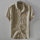 baratos Casual de negócios-Homens Camisa de linho Camisa casual Camisa de algodão e linho camisa de botão Animal Modelado Férias Roupa Diária Branco Azul Marinho Escuro Azul Céu cáqui Manga Curta Lapela Todas as Estações Roupa