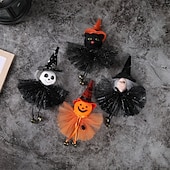 levne Halloweenové závěsné a stolní dekorace-Závěsná ozdoba na halloweenskou panenku čarodějnice, kreslený zvonek s tylovou sukní, dýně, duch a plyšové přívěsky s černou kočkou pro vnitřní i venkovní halloweenské párty a domácí dekorace