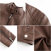 cheap Faux Leather Jackets-Women&#039;s Faux Leather Jacket Comfortable Pocket Full Zip Fashion Street Style Plain Outdoor Casual Daily Regular Stand Collar Regular Fit Long Sleeve Outerwear Black Red Camel Spring Fall