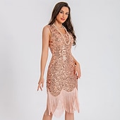 voordelige Jaren 1920 Jurken-Retro vintage Roaring jaren &#039;20 Jaren 1920 Boven de knie Tot de knie Flapper jurk Cocktailjurk Mouwloos The Great Gatsby Flapper Girl Pailletten Zoom V-hals Kostuum Dames Kerstmis Carnaval Bruiloft