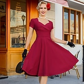 abordables Robes-Rétro Vintage Années 1950 Rockabilly Midi Robe Robe trapèze Robe Évasée Ajusté &amp; Évasé Col en V Femmes Halloween Carnaval Saint-Valentin Occasionnel Retour à la maison Soirée à thème rétro Adulte Robe