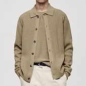 billiga cardigan tröja för män-Herr Tröja Cardigan Tröja Ribbad Sticka Vanliga toppar Stickat Slät Vik-över krage Semester Mode Ledigt Dagliga kläder Kläder Vår &amp; Höst Khaki grön M L XL