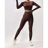 preiswerte Sets &amp; Einteiler-Damen 2 Stück Yoga-Trainingsanzug Lounge-Outfits  Herbst Einfarbig Kombination Armeegrün Schwarz Fitnesstraining Hohe Taille Elastisch Atmungsaktiv Langarm Sport Sportkleidung Schlank