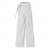 preiswerte weites Bein und hohe Taille-Damen Weites Bein Anzughose Hosen Hose Mode Streetwear Volle Länge Hohe Taille Gestreift Kordelzug Atmungsaktivität Bequem Straße Alltagskleidung Ausgehen Blau Weiß Dunkelgray Frühling Herbst Normale
