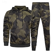 voordelige basis trainingspakken-Voor heren Trainingspak Kledingset Truien instellen Capuchon Buiten Dagelijks Sport Zak Trekkoord camouflage blauw Khaki Leger Groen Grafische afdruk Polyester Sportkleding Modieus Streetwear Herfst