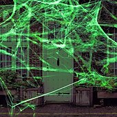 Недорогие Хэллоуин-Зелёная флуоресцентная паутина с пластиковыми пауками, идеально подходит для вечеринки в честь Хэллоуина, не требует питания, создаёт жуткую атмосферу, функция glowindark