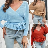 Női Pulóver Alkalmi Tömör szín Vaskos V-alakú Kötött Hosszú ujj Crop Tops Kötött Napi Szabadság Alkalmi Sárga Rubin Ősz Tél olcso Szilárd színek-Női Pulóver Alkalmi Tömör szín Vaskos V-alakú Kötött Hosszú ujj Crop Tops Kötött Napi Szabadság Alkalmi Sárga Rubin Ősz Tél