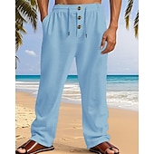 cheap Holiday-Men&#039;s Linen Pants Trousers Summer Pants Beach Pants Pocket Elastic Waist Drawstring Plain Comfort Breathable Vacation Daily Holiday Hawaiian Boho Dark Khaki Black