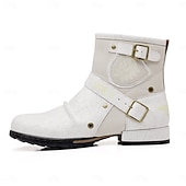 cheap Biker Boots-Men's White Faux Leather Moto Ankle Boots with Buckle Straps – Punk Style Fashion Boots for Parties and Streetwear