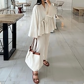 levne Dámské halenky-Dámské Elegantní Čechy prázdniny Sady kalhot Dlouhý rukáv Zvonové Do V Pevná barva Šněrování Nabírané šaty Volány Venkovní Dovolená Párty špinavě bílá Světlá růžová Khaki Léto Volný