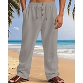cheap Holiday-Men&#039;s Linen Pants Trousers Summer Pants Beach Pants Pocket Elastic Waist Drawstring Plain Comfort Breathable Vacation Daily Holiday Hawaiian Boho Dark Khaki Black