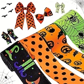 economico Halloween-Nastro con bordo rinforzato per Halloween, 4 rotoli, nastro stampato a forma di pipistrello, ragno, zucca, gambe di strega, cappello, pois, nastri in grosgrain per Halloween, ghirlanda per la casa,