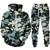 voordelige heren trainingspak en hoodie-Voor heren Trainingspak Kledingset Truien instellen Capuchon Buiten Dagelijks Sport Zak Trekkoord camouflage Blozend Roze Rood Marineblauw Grafische afdruk Polyester Sportkleding Modieus Streetwear