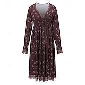 preiswerte Ausgefallene Kleider-Damen Midikleid Blumenkleid Boho-Kleid Westernkleid Mode Modern Urlaub Ferien Ausgehen Normale Passform Blume Langarm V Ausschnitt Braun Sommer