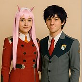 abordables Perruques de Couple-Perruque rose pastel longue et raide pour femme, cosplay anime Zero Two 02, avec corne, 99 cm