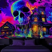 cheap Halloween Wall Tapestries-Halloween Blacklight Tapestry Skeleton Haunted House UV Reactive Glow in the Dark Forest Trippy Mountain Misty Graveyard Ghost Hanging Tapestry Wall Art Mural for Living Room Bedroom