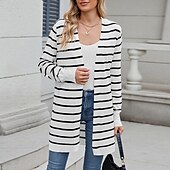 abordables Cardigans et vêtements d&#039;extérieur-Femmes Pull Cardigan Mode Streetwear Quotidien Rayé Côtelé Ouvert devant Tricoté manche longue Hauts Longs Tricoter Fête Sortir Week-end Blanc / Noir Noir Automne Hiver