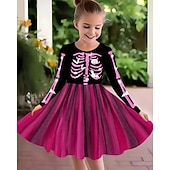 levne Dívčí halloweenské kostýmy-předvečer Všech svatých Girls &#039; 3D Lebky Šaty Dlouhý rukáv Léto Jaro Dovolená Denní Princeznovské Krásná Sladký Děti 4-12 let Volnočasové šaty Áčkové šaty Délka ke kolenům Běžný