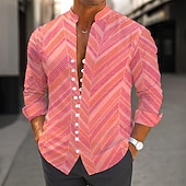 voordelige Geometrisch patroon-Voor heren Verloop Chevron Overhemd Overhemd met staande kraag Lange mouw Casual Vakantie Alledaagse kleding Uitgaan Lente Herfst Mandarijn Kraag Band Kraag Button-omlaag Linnenachtig shirt Blozend