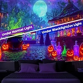 cheap Halloween Garage Door Cover-Halloween Blacklight Tapestry Witch Castle UV Reactive Glow in the Dark Forest Trippy Mountain Misty Graveyard Ghost Hanging Tapestry Wall Art Mural for Living Room Bedroom