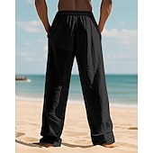 cheap Holiday-Men&#039;s Linen Pants Trousers Summer Pants Beach Pants Pocket Elastic Waist Drawstring Plain Comfort Breathable Vacation Daily Holiday Hawaiian Boho Dark Khaki Black