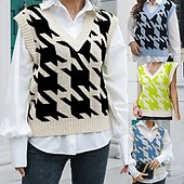 halpa Neuleliivi-Naisten Neulepusero Pusero Vapaa-aika Yhtenäinen väri Houndstooth-kuvio Paksu V kaula-aukko Kudottu Hihaton Tavalliset topit Neuloa Päivittäin Pyhäpäivä Bile Musta Sininen Syksy Talvi