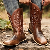 abordables Cowboy et bottes occidentales-Bottes de cowboy classiques en similicuir marron pour homme avec tige brodée – bottes d&#039;équitation de style western pour ranch et activités de plein air