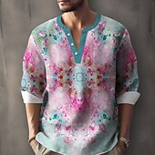 billiga Etniskt mönster-Herr Lutning Blomtryck Blommor Skjorta Henleytröja Tunika Långärmad Etnisk Boho Utomhus Semester Dagligen Sommar Vår V-hals Knappen uppåt 3D-utskrift Linne som skjorta Grön