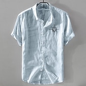 preiswerte Business Casual-Herren Leinenhemd Freizeithemd Baumwoll-Leinen-Hemd Knopfhemd Muster Urlaub Straße Weiß Dunkelmarine Himmelblau Khaki Kurzarm Revers Sommer Bekleidung Button-Down