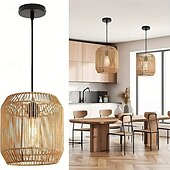 cheap Pendant Lights-Rattan Pendant Light - Boho Lamp Hanging Diameter 26 cm Vintage Ceiling Light Rattan E27 Pendant Light Braided for Dining Table Kitchen Living Room Bedroom Hallway
