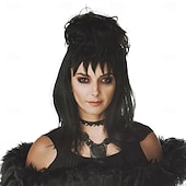 levne Paruky filmových postav-Beetlejuice 2 Lydia Deetz cosplay kostýmová párty paruka nevěsta nadýchané drdoly kudrnatá černá střední dlouhá rovná paruka s ofinou karnevalové kostýmové doplňky paruky na Halloween