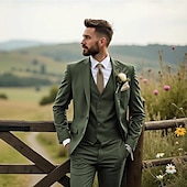 abordables Costumes de mariage-Costumes de mariage pour hommes Affaires Noire Sauge Mode Formelle Été Couleur unie Coupe standard 3 pièces Simple bouton Deux boutons