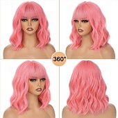 abordables Perruques de fête-Perruques roses courtes ondulées, perruque pastel avec frange, cheveux synthétiques mi-longs pour femmes et filles, perruque de cosplay colorée en fibre synthétique résistante à la chaleur pour une