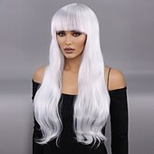 economico Parrucche da festa-parrucca lunga riccia bianco-argento per donna – fibra ad alta temperatura, frangia piena, calotta completa, ideale per cosplay, Halloween e look alla moda