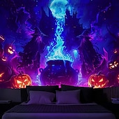 cheap Halloween Garage Door Cover-Halloween Blacklight Tapestry Witch Castle UV Reactive Glow in the Dark Forest Trippy Mountain Misty Graveyard Ghost Hanging Tapestry Wall Art Mural for Living Room Bedroom