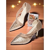 economico Pumps Classici-Scarpe da donna con tacco a spillo e punta a punta, glitterate dorate, con cinturino e tacco a spillo, per la vita notturna, i club e gli eventi serali