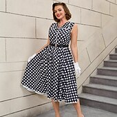cheap Dresses-Retro Vintage 1950s Rockabilly Midi A Line Dress Flare Dress Plus Size With Belt Polka dots A-Line Women&#039;s Vacation Homecoming Party &amp; Evening Adults Dress Belt Spring &amp; Summer