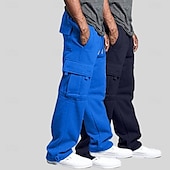 お買い得  スウェットパンツ-男性用 フリースパンツ スウェットパンツ ジョガー ズボン カーゴスウェットパンツ 弾性ウエスト ドローストリング マルチポケット 純色 ウォーム 吸汗性 全長 カジュアル 日常 ランニング ファッション ストリートファッション ブラック+ネイビーブルー ブラック＋ライトグレー 伸縮性あり
