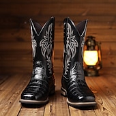 abordables Cowboy et bottes occidentales-Bottes de cowboy western en cuir de vachette noir gaufré pour hommes avec bout pointu et coutures classiques, chaussures élégantes pour les événements country, l&#039;équitation et la mode rodéo