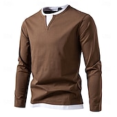 billige Herre Elite T-skjorter &amp; Tank-Herre T skjorte Langermet Crew-hals Alle årstider Helfarge Strikketøy Daglig Fritid falske to stykker utendørs Feriereise Hjem Svart Brun Grønn Topp T-skjorte for menn