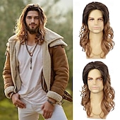 رخيصةأون باروكات للرجال-باروكة شعر رجالي طويل مجعد ومموج باللون الأبيض باروكة شعر صناعي مقاوم للحرارة للاستخدام اليومي في الحفلات التنكرية والهالوين