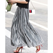 abordables Jupes Maxi-Femmes Jupe Mode Occasionnel Maxi Taille haute Jupes Uni Plissé Micro-Élastique Décontracté Quotidien Week-end Argent Noir Dorée Rouge Été Polyester