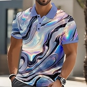 billige Geometrisk polo for menn-Herre Abstrakt Geometrisk Polo Kortermet Poloskjorter Skjorter med krage Fritid Gate treningsklær 3D-utskrift Knapper Sommer Blå