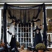 economico Halloween-Tenda in garza nera spettrale da 1 pezzo per Halloween, perfetta per decorazioni di case infestate, discoteche e stanze di fuga, tessuto in poliestere, decorazioni di Halloween, contenitore